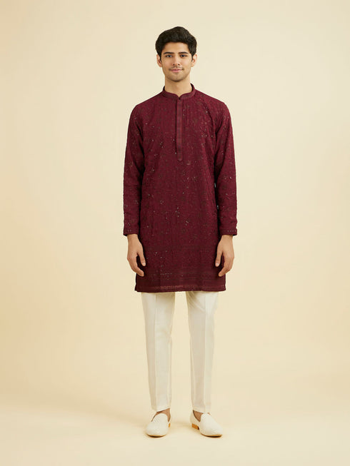 Manyavar Wine Georgette Ensemble Mid Length Kurta Pant