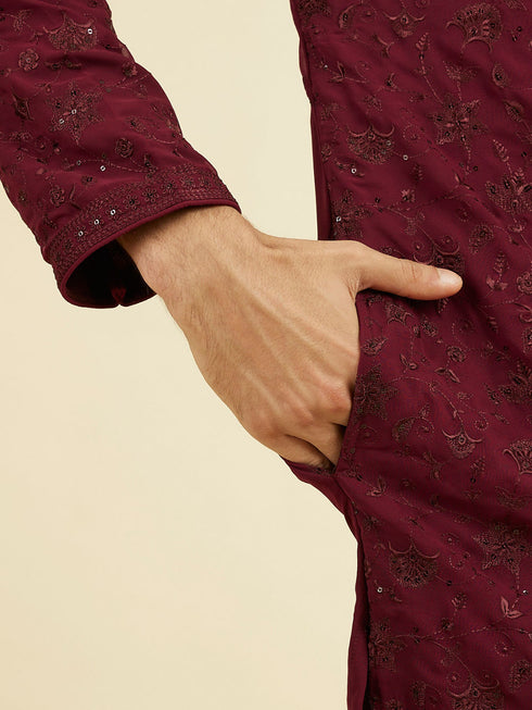 Manyavar Wine Georgette Ensemble Mid Length Kurta Pant
