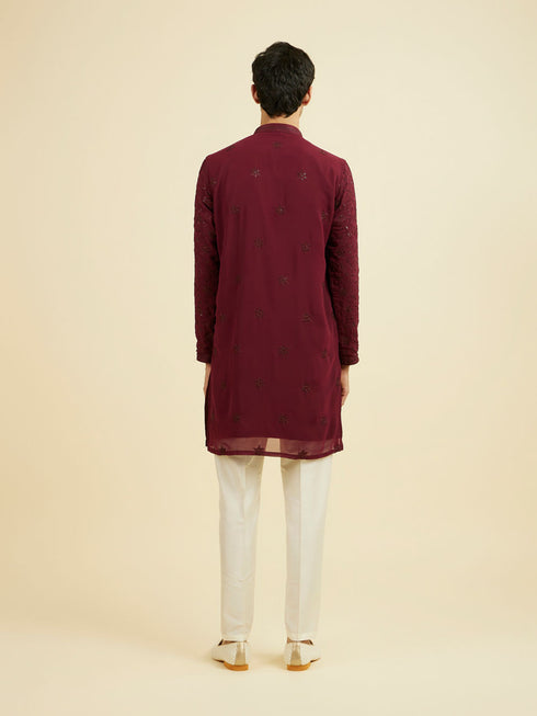 Manyavar Wine Georgette Ensemble Mid Length Kurta Pant