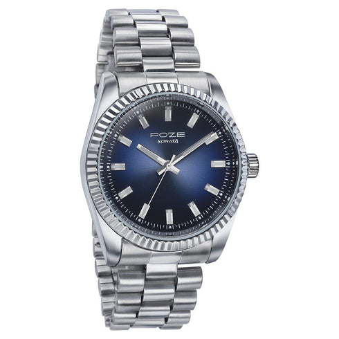 Sonata Poze Quartz Analog Blue Dial Silver Color Metal Strap Watch For Men