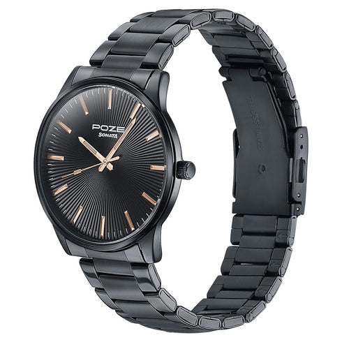 Sonata Poze Quartz Analog Black Dial Metal Strap Watch For Men