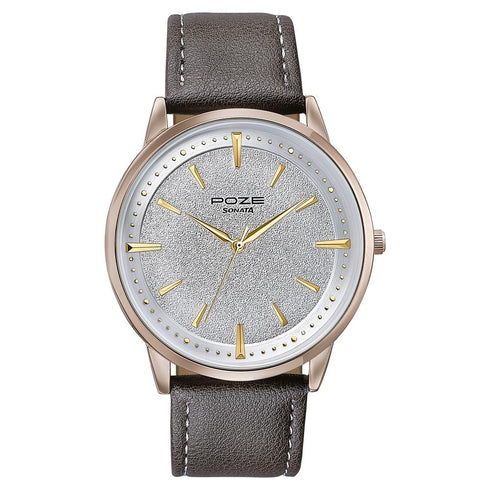 Sonata Poze Quartz Analog White Dial Leather Strap Watch For Men