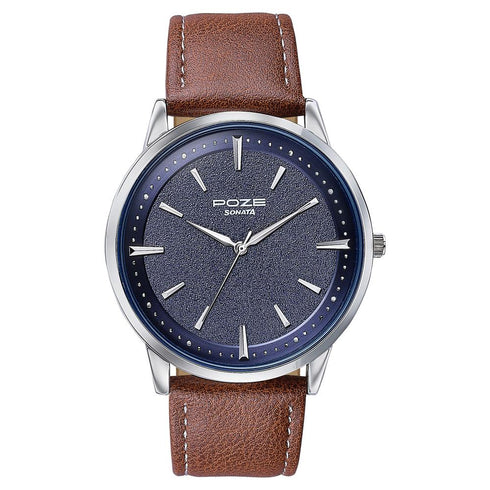 Sonata Poze Quartz Analog Blue Dial Leather Strap Watch For Men