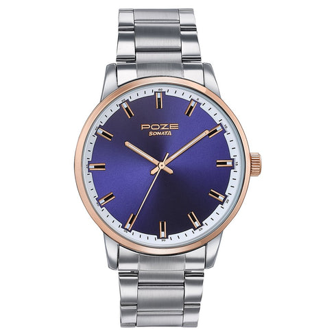 Sonata Poze Quartz Analog Blue Dial Stainless Steel Strap Watch For Men
