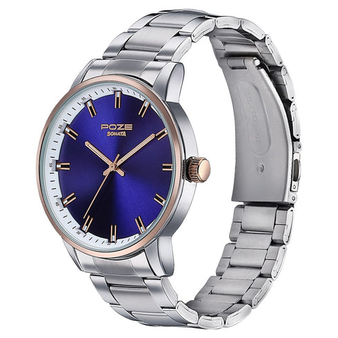 Sonata Poze Quartz Analog Blue Dial Stainless Steel Strap Watch For Men