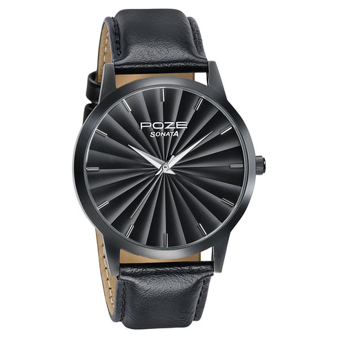 Sonata Poze Quartz Analog Black Dial Leather Strap Watch For Men Style SP70065NL01