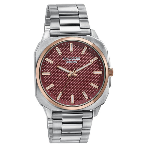 Sonata Poze Quartz Analog Red Dial Silver Metal Strap Watch For Men