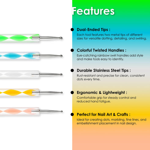 Shills Professional Rainbow Nail Dotting Tool Set 5Pc