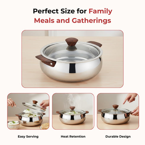 Vinod Stainless Steel Aroma Insulated Casserole with Glass Lid and Wooden Knob 1250 ml High Grade Stainless Steel and Rust Free