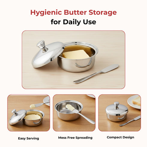 Vinod Stainless Steel Butter Pot with Butter Knife and Lid 100 gram Capacity Highest Grade Steel Rust Free Dishwasher Safe Tough Build