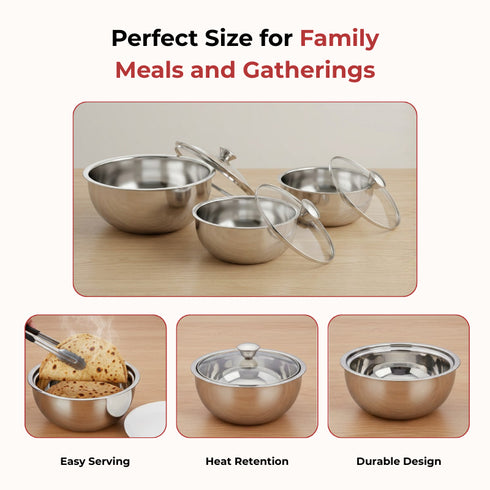 Vinod Stainless Steel Montero Insulated Casserole with Glass Lids and Steel Knobs Set of 3 500 ml 900 ml and 1500 ml High Grade Steel and Rust Free