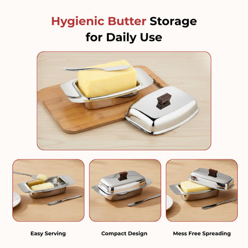 Vinod Stainless Steel Butter Dish With Butter Knife and Lid Highest Grade Steel Build Rust Free Finish And Dishwasher Safe Design