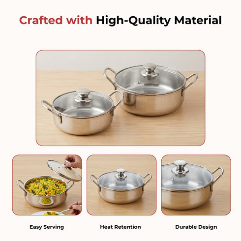 Vinod Stainless Steel Elite Bowl 2 Pcs Set with Glass Lid and Side Handles Highest Grade Stainless Steel Mirror finish Dishwasher Safe