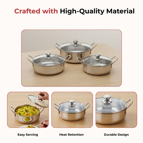Vinod Stainless Steel Elite Bowl 3 Pcs Set with Glass Lids and Side Handles Highest Grade Stainless Steel Mirror Finish Strong and Sturdy Build