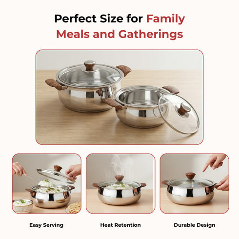 Vinod Stainless Steel Aroma Insulated Casserole with Glass Lid and Wooden Knob Set of 2 Pcs Capacity 750 ml and 1250 ml