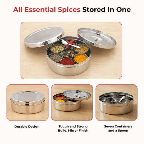 Vinod Stainless Steel Masala Dabba Spice Box with 7 Containers Spoon and Inner Lid Mirror Finish Rust Free Build No 12
