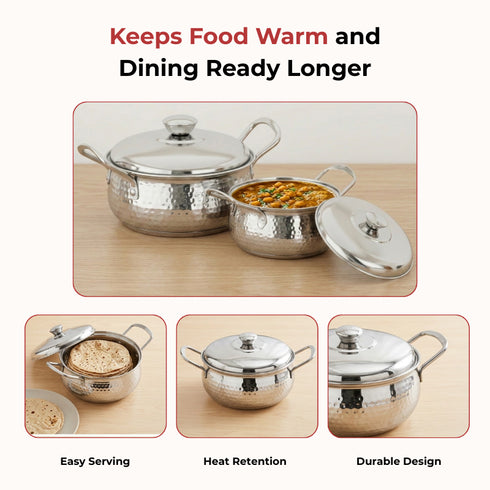 Vinod Stainless Steel Milano Hammered Serving Casserole with Steel Lids and Side Handles Set of 2 1230 ml 1630 ml High Grade Steel Rust Free