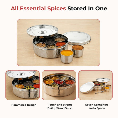 Vinod Hammered Stainless Steel Masala Dabba Spice Box with 7 Containers Spoon and Inner Lid Airtight No 11