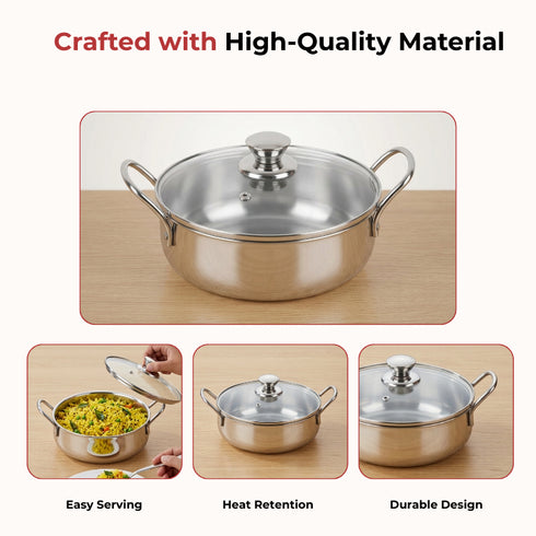 Vinod Stainless Steel Elite Bowl with Glass Lid and Side Handles 900 ml Highest grade Stainless Steel Mirror Finish Dishwasher Safe