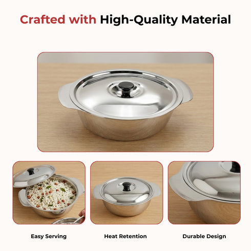 Vinod Stainless Steel Royal Veg Serving Dish with Cover 350 ml Capacity Highest Grade Stainless Steel Dishwasher Safe Tough and Strong