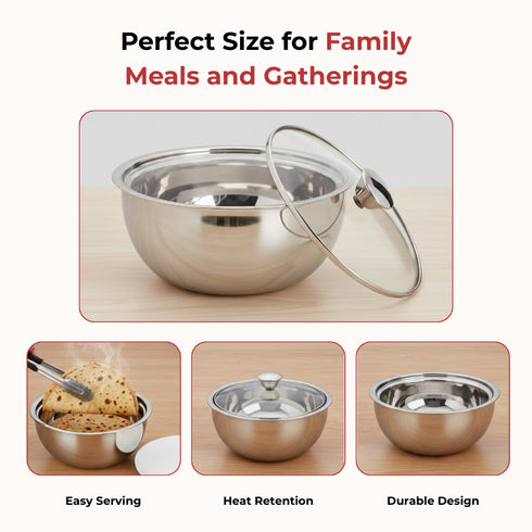 Vinod Stainless Steel Montero Insulated Casserole with Glass Lid and Steel Knob 1500 ml PUF PUF Coated High Quality Stainless Steel Rust Free