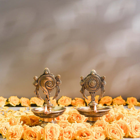 Samskara Home Shankha Chakra Brass Diya (Set Of 2)