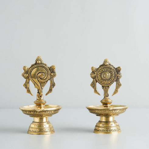 Samskara Home Shankha Chakra Brass Diya (Set Of 2)