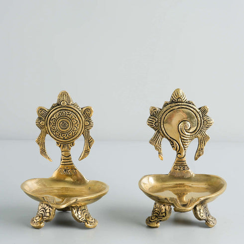 Samskara Home Shankha Chakra Brass Oil Lamp (Set Of 2)