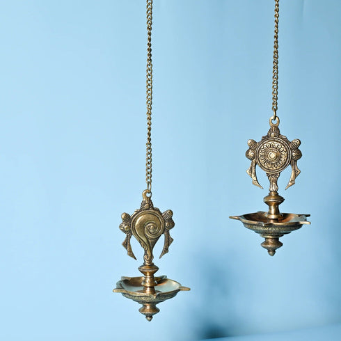 Samskara Home Shankha Chakra Hanging Brass Diya (Set Of 2)