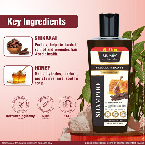 Multani Pharmaceuticals Limited Multani Naturals Shikakai & Honey Shampoo For Shiny Looking Hair Reduces Scalp Dryness Detangles hair Makes hair manageable SLS & Paraben Free For All Hair Types Dermatologically Tested