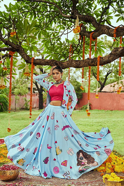 Shubhkala Sky Maslin Cotton Digital Printed With Tessals Pasting Work Navratri Lehenga