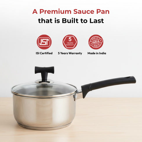 Vinod DONIV Stainless Steel Sandwich Bottom Solitaire Sauce Pan with Glass Lid Induction Friendly Capacity 1.1 Ltr 14cm