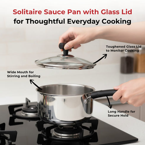 Vinod DONIV Stainless Steel Sandwich Bottom Solitaire Sauce Pan with Glass Lid Induction Friendly Capacity 2.2 Ltr 18 cm