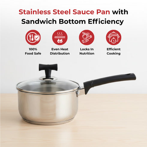 Vinod DONIV Stainless Steel Sandwich Bottom Solitaire Sauce Pan with Glass Lid Induction Friendly Capacity 2.2 Ltr 18 cm