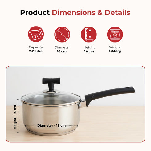 Vinod DONIV Stainless Steel Sandwich Bottom Solitaire Sauce Pan with Glass Lid Induction Friendly Capacity 2.2 Ltr 18 cm