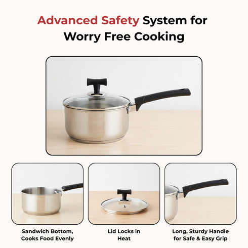 Vinod DONIV Stainless Steel Sandwich Bottom Solitaire Sauce Pan with Glass Lid Induction Friendly Capacity 1.4 Ltr 16cm