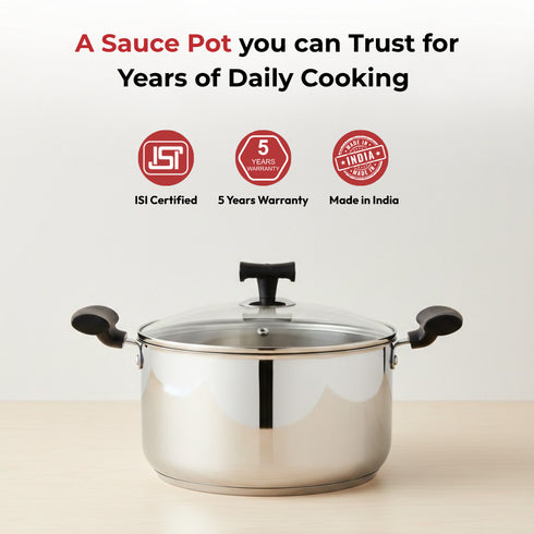 Vinod DONIV Stainless Steel Sandwich Bottom Solitaire Sauce Pot with Glass Lid and Side handle Induction Friendly Capacity 4.3 Liter 22cm