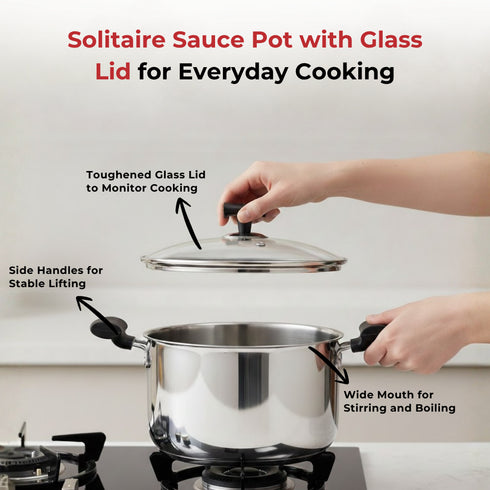 Vinod DONIV Stainless Steel Sandwich Bottom Solitaire Sauce Pot with Glass Lid and Side handle Induction Friendly Capacity 1.4 Ltr 16cm