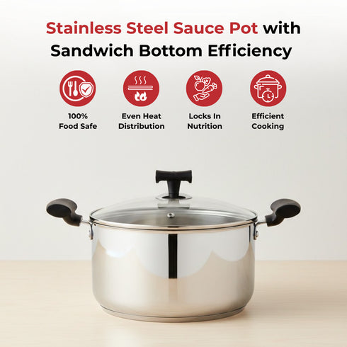 Vinod DONIV Stainless Steel Sandwich Bottom Solitaire Sauce Pot with Glass Lid and Side handle Induction Friendly Capacity 1.4 Ltr 16cm