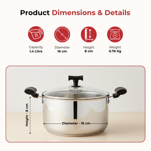 Vinod DONIV Stainless Steel Sandwich Bottom Solitaire Sauce Pot with Glass Lid and Side handle Induction Friendly Capacity 1.4 Ltr 16cm