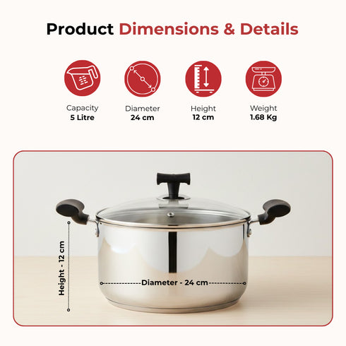 Vinod DONIV Stainless Steel Sandwich Bottom Solitaire Sauce Pot with Glass Lid and Side handle Induction Friendly Capacity 5 Ltr 24cm