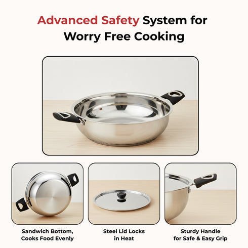 Vinod DONIV Stainless Steel Sorrento Sandwich Bottom Kadai with Lid 30 cm Capacity 5.5 Liter Induction Friendly