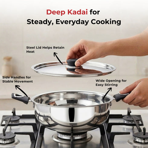 Vinod DONIV Stainless Steel Sorrento Sandwich Bottom Kadai with Steel Lid 28 cm Capacity 4.8 Liter Induction Friendly