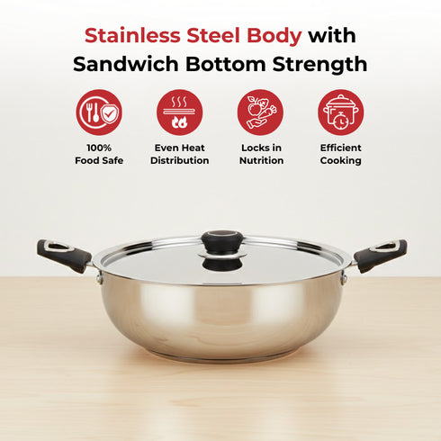 Vinod DONIV Stainless Steel Sorrento Sandwich Bottom Kadai with Lid 30 cm Capacity 5.5 Liter Induction Friendly