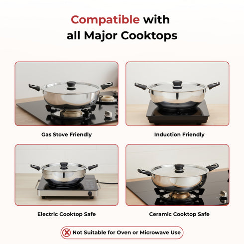 Vinod DONIV Stainless Steel Sorrento Sandwich Bottom Kadai with Lid 30 cm Capacity 5.5 Liter Induction Friendly