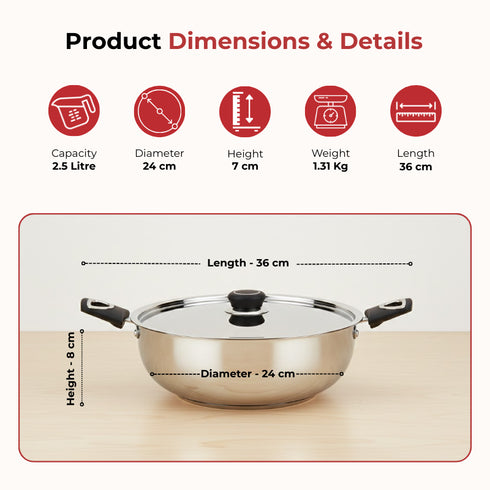 Vinod DONIV Stainless Steel Sorrento Sandwich Bottom Kadai with Steel Lid 24 cm Capacity 3.5 Liter Induction Friendly