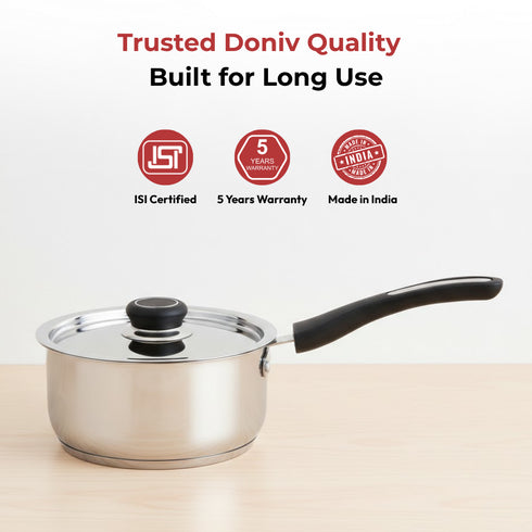 Vinod DONIV Stainless Steel Sorrento Saucepan with Steel Lid 1450 ml 16 cm Sandwich Bottom Induction Friendly and Dishwasher Safe