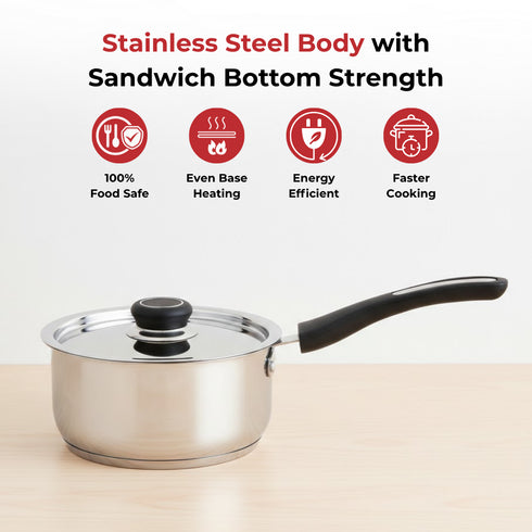 Vinod DONIV Stainless Steel Sorrento Saucepan with Steel Lid 1450 ml 16 cm Sandwich Bottom Induction Friendly and Dishwasher Safe