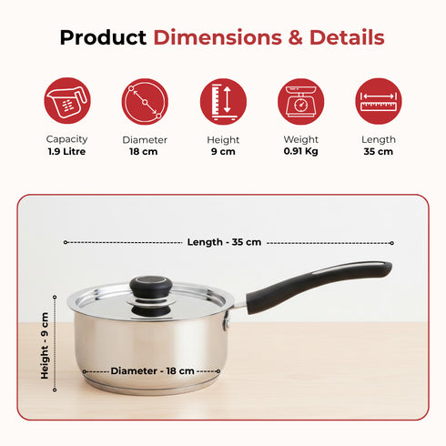 Vinod DONIV Stainless Steel Sorrento Sandwich Bottom Saucepan with Steel Lid 2200 ml 18 cm Induction Ready and Dishwasher safe