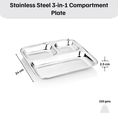 Vinod Stainless Steel 3 Compartment Plate with Square Edges Pav Bhaji Plate Serving Plate Lunch Dinner Plate High Quality Steel Pack of 2